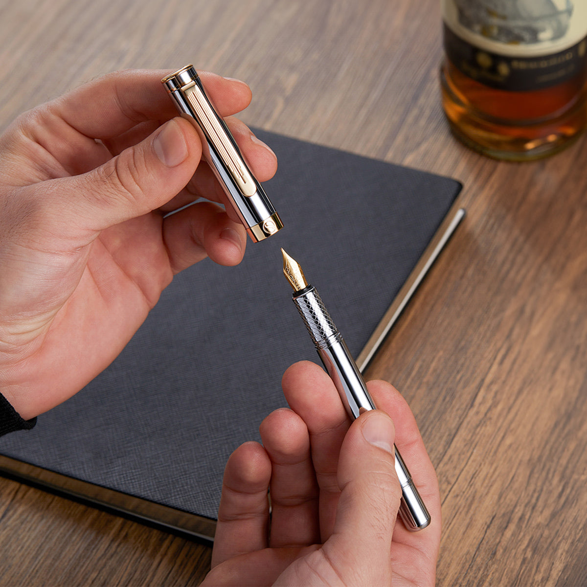 Scriveiner Pocket Pen Silver Gold Fountain Pen - Medium Nib