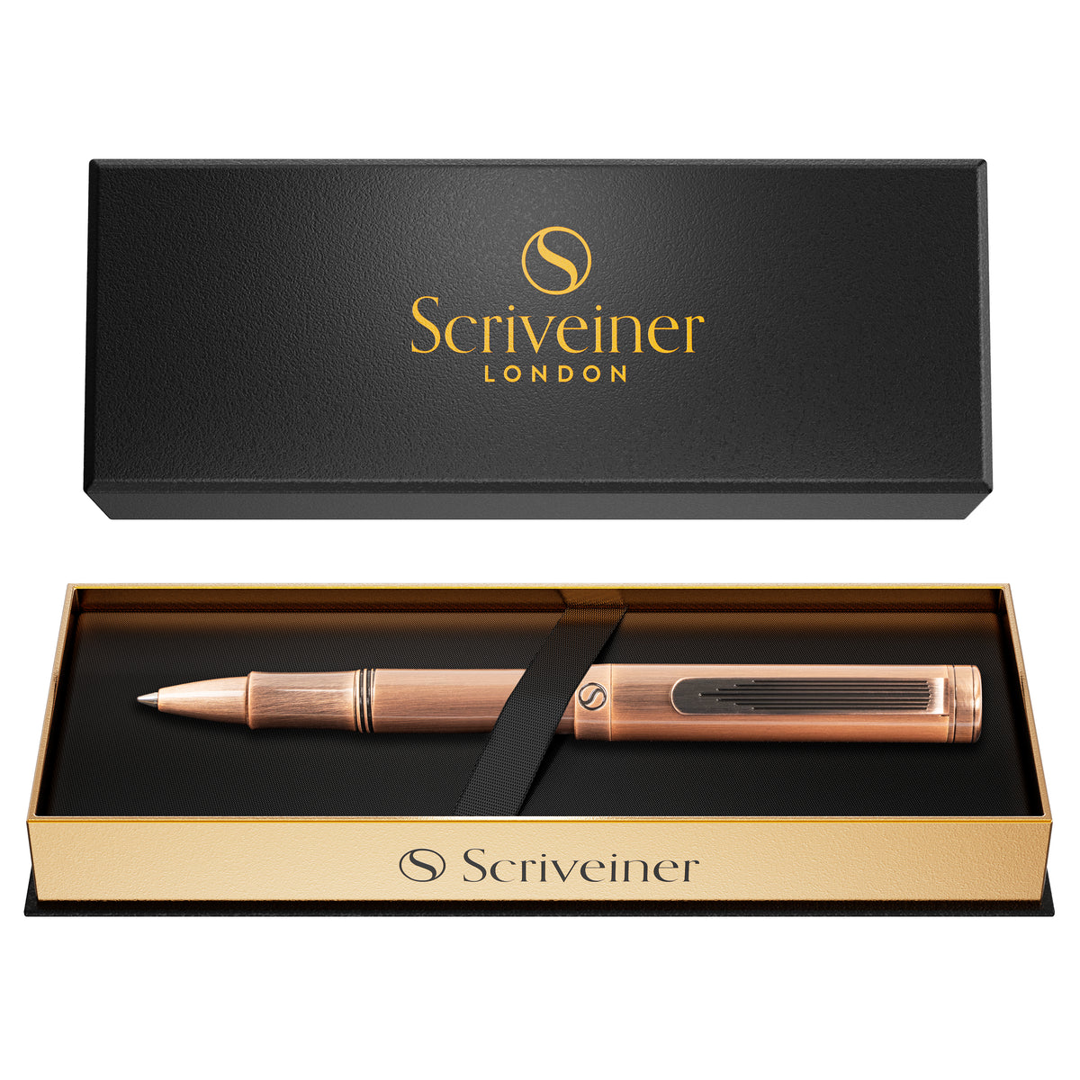 Rose gold pen in a Scriveiner London box on a white background
