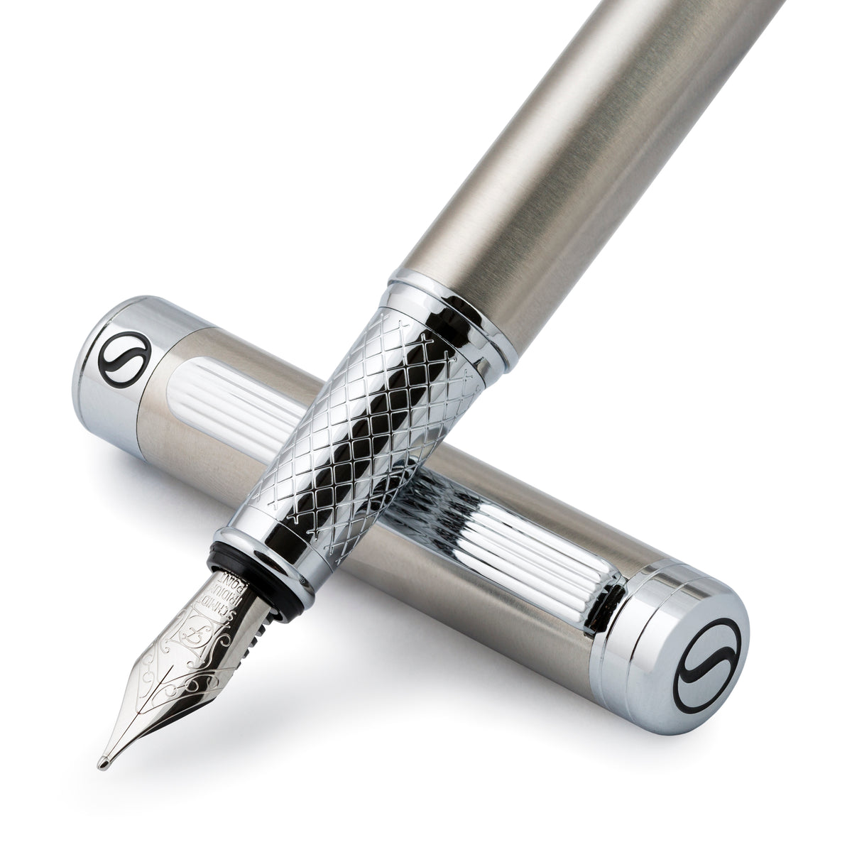 Silver fountain pen with detailed design on a white background