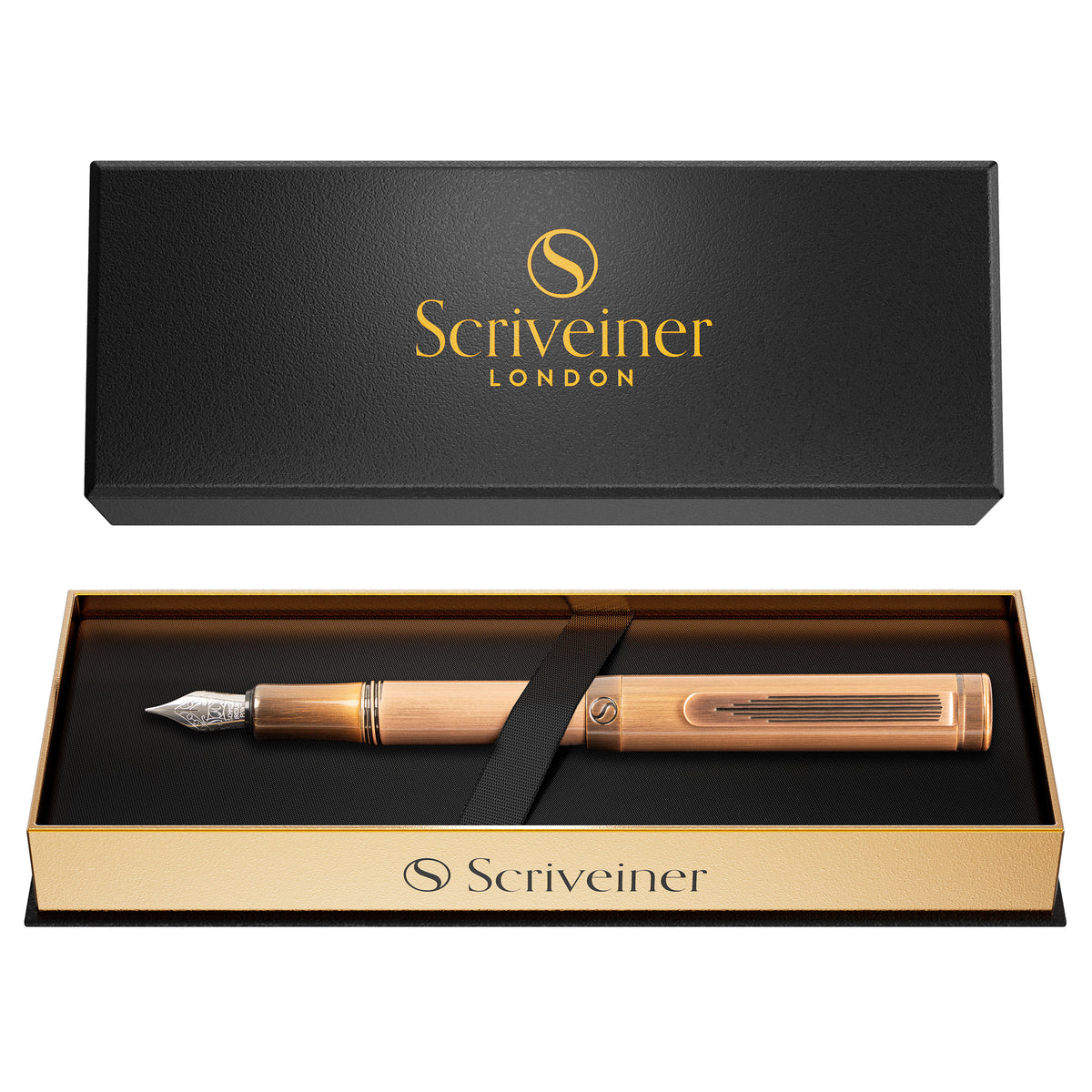 Fountain pen set with Scriveiner London packaging on a white background