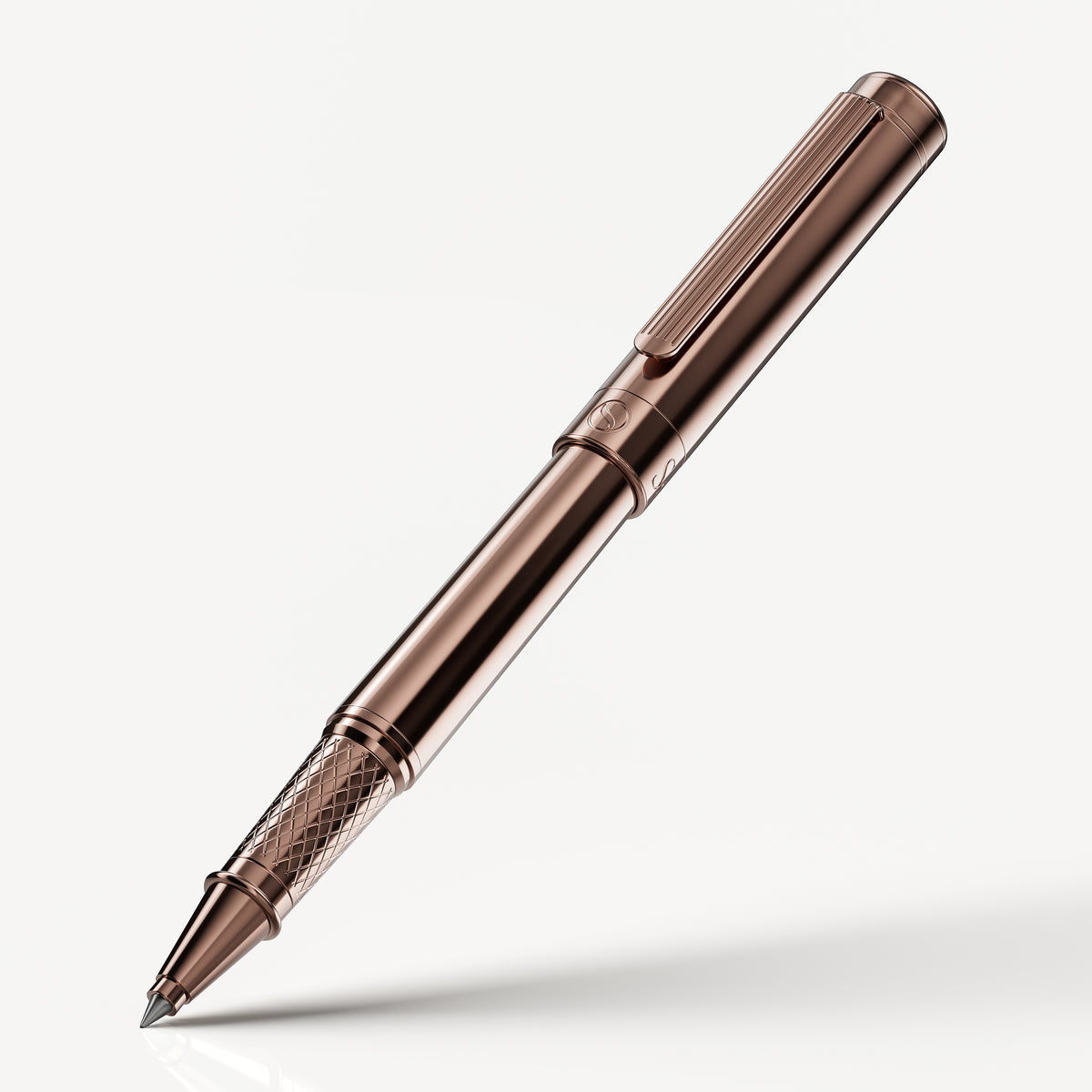 Rose gold pen on a white background